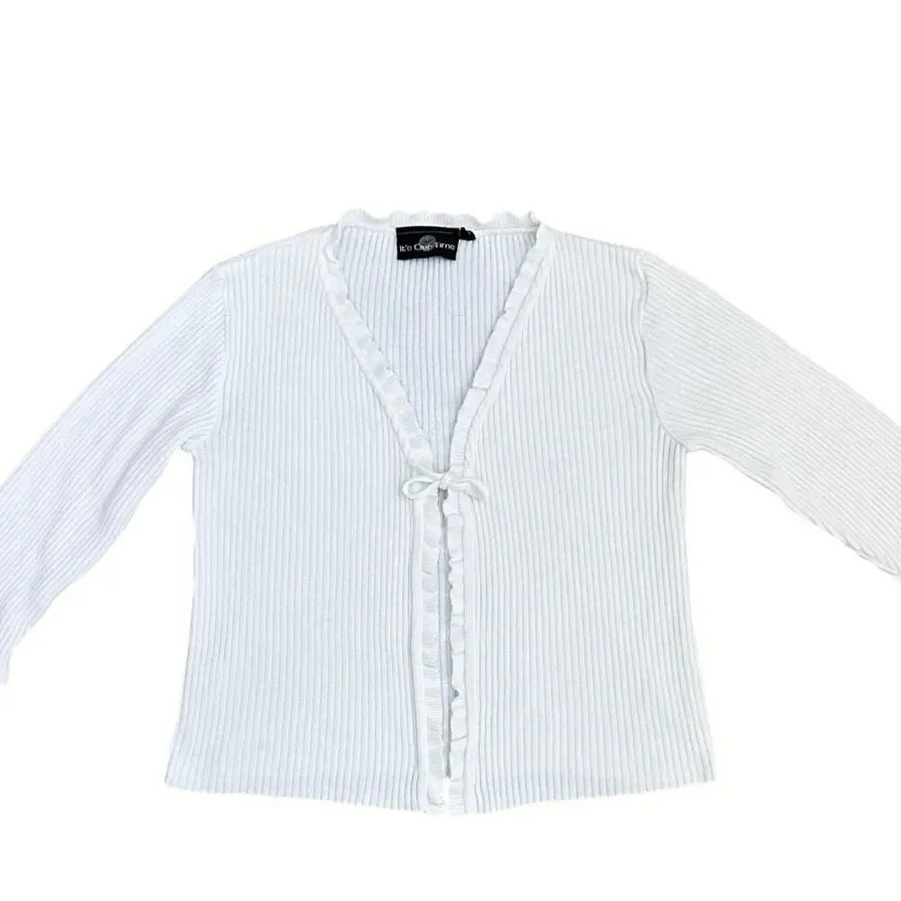 It’s Our Time White Ribbed Tie Front Ruffle Trim Cardigan Top Y2K Fairy Grunge S